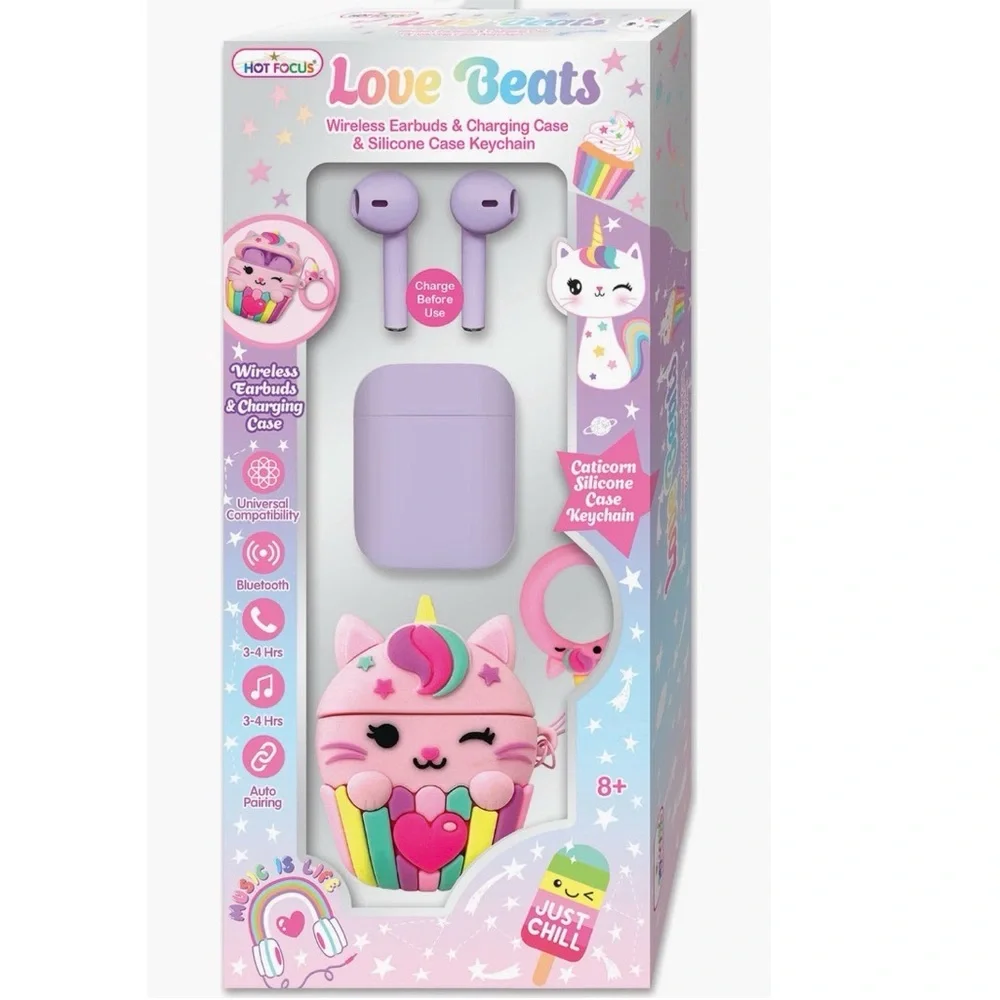 Caticorn Wireless Earbuds with Charging Case and keychain love beats